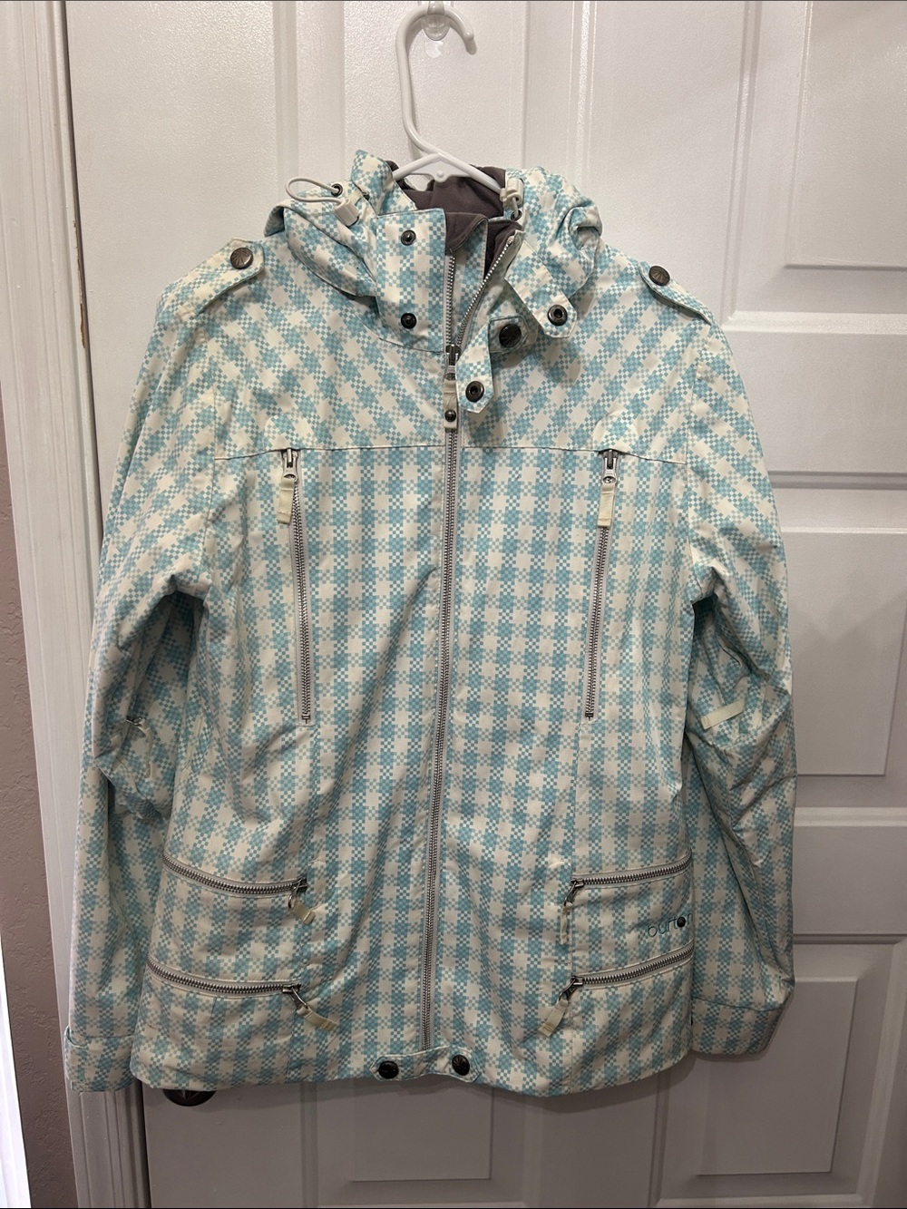 Burton Elevation Dryride Light Blue & White CheckeredHooded Ski Jacket